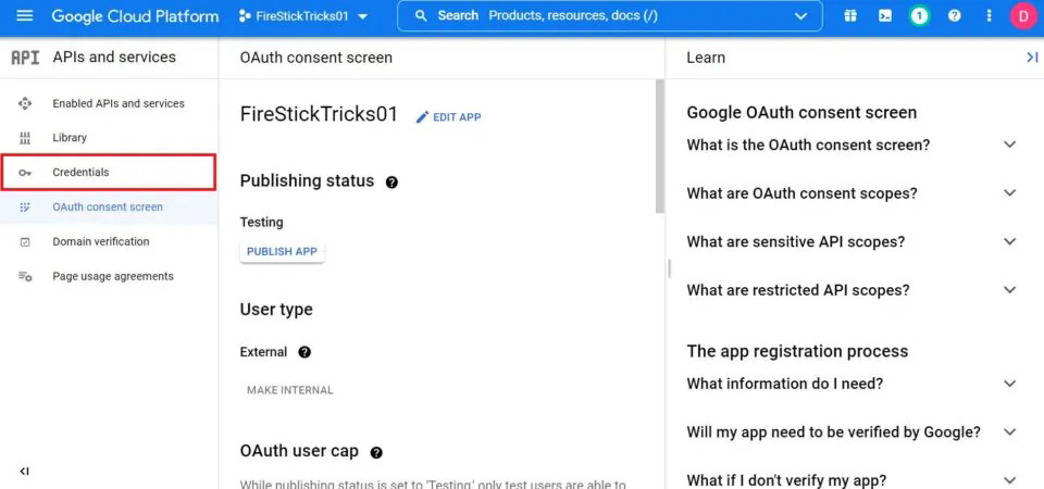 click credentials tab